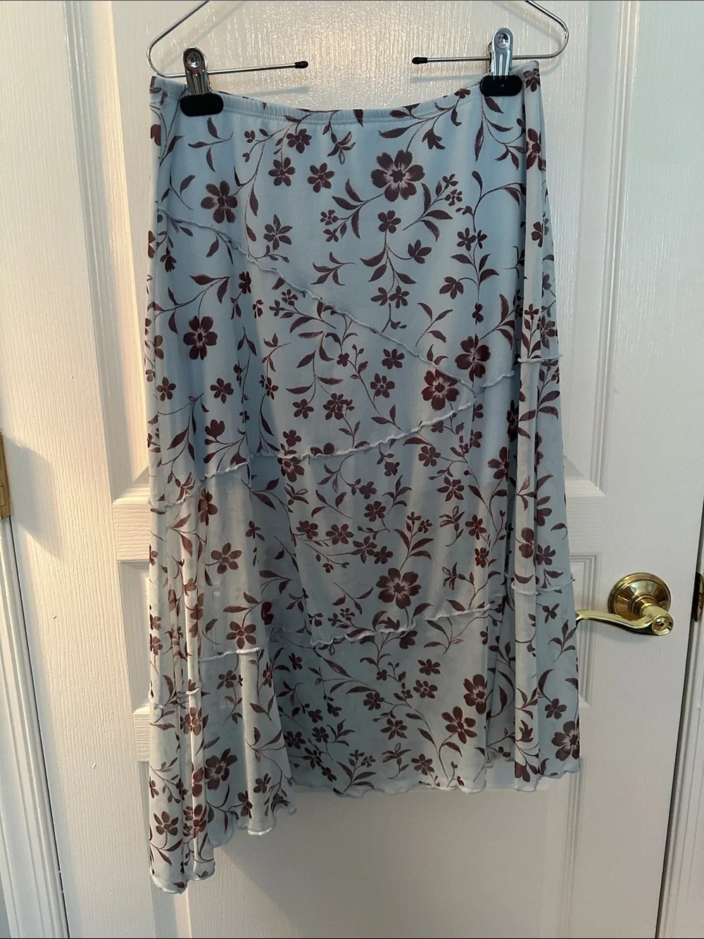 NWOT- Cottagecore Light Blue & Brown Floral Asymmetrical Midi Skirt- Size XL
